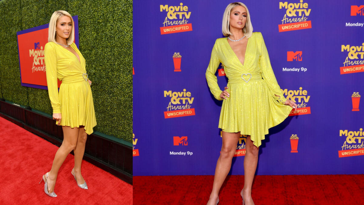 Paris Wears sunny dress for the red carpet