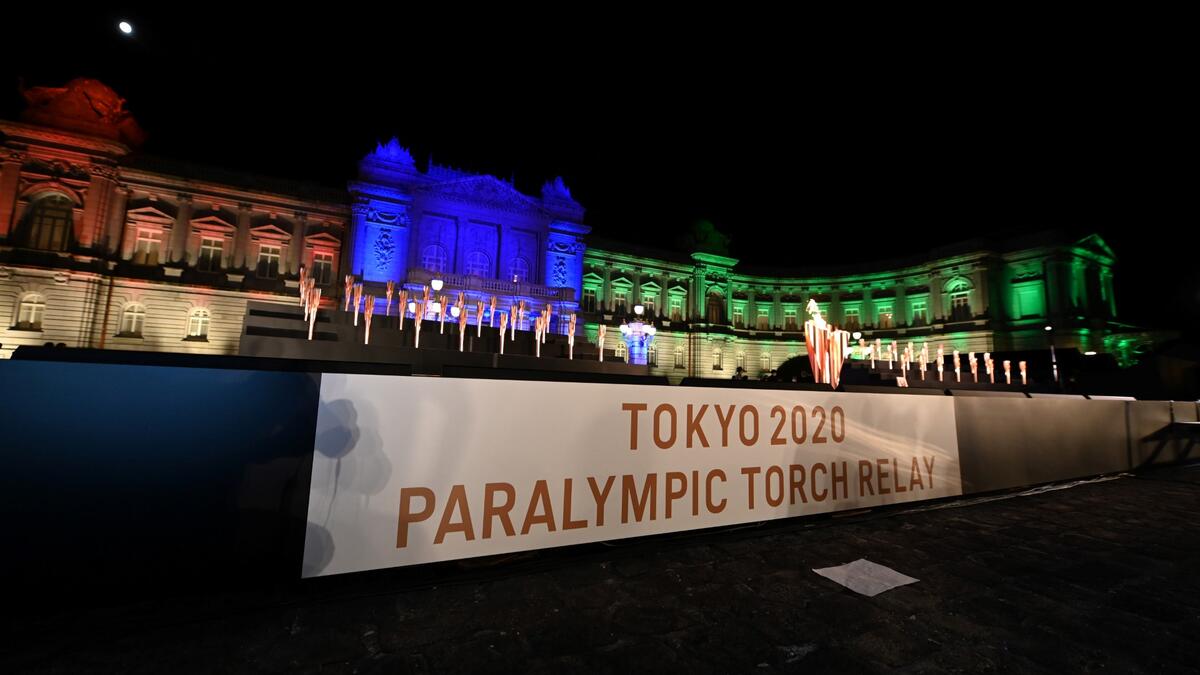 The Paralympic Flame is displayed after its lighting ceremony at the State Guest House Akasaka Palace in Tokyo on August 20, 2021.
