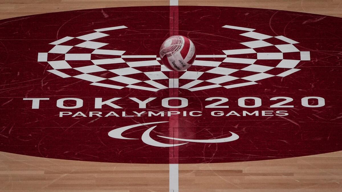 A wheelchair rugby ball is seen during a training session between Denmark and Britain at Yoyogi National Stadium in Tokyo ahead of the Tokyo 2020 Paralympic Games on August 22, 2021.