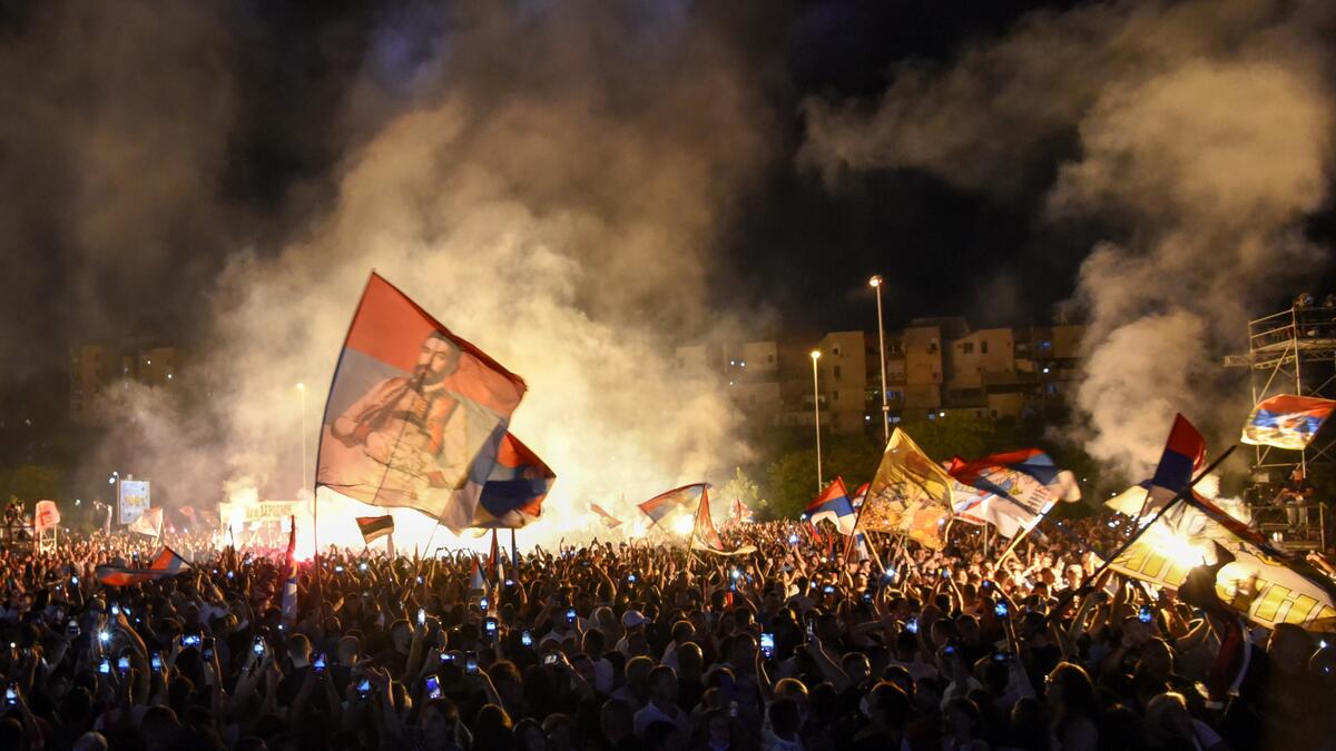 Monetenegrin Orthodox Christians gather in front of the orthodox cathedral in Podgorica, on September 4, 2021, to celebrate and show support for the enthronement of the new bishop of the Serbian Orthodox Church in Montenegro.