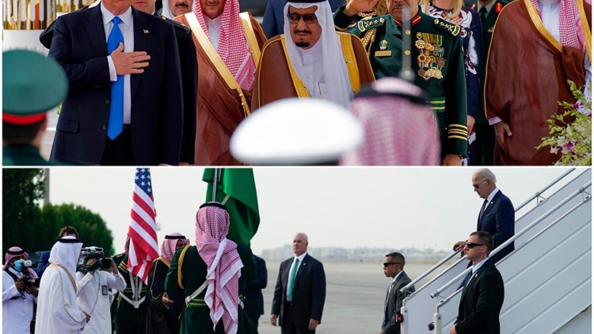 (حرس الشرف الملكي) دونالد ترامب: سار الملك سلمان بن عبدالعزيز معه بين صفين من حرس الشرف السعودي، ثم توقفا لبضع دقائق في صالة كبار الشخصيات. جو بايدن: لم يمشِ بين فرق الحرس الشرف الملكي وتوجه فورًا نحو المركبة التي نقلته إلى قصر السلام.