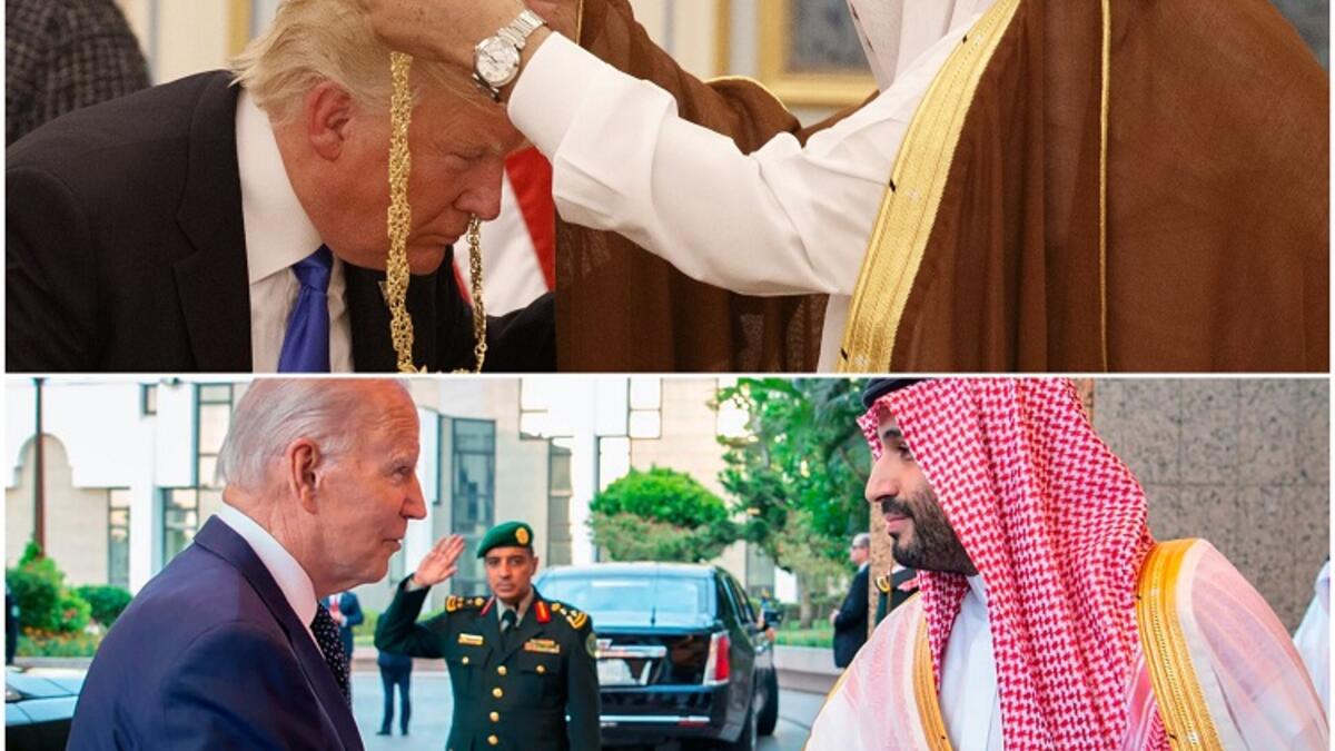 (سلام حار) دونالد ترامب: لدى وصوله إلى صالة الاستقبال الرئيسية في الديوان الملكي، قلّد الملك سلمان الرئيس ترامب قلادة الملك عبد العزيز التي تعد واحدة من أهم الأوسمة في السعودية. جو بايدن: استقبل ولي العهد السعودي الأمير محمد بن سلمان، الرئيس الأمريكي جو بايدن وتبادلا "سلامًا بالقبضة" فقط.