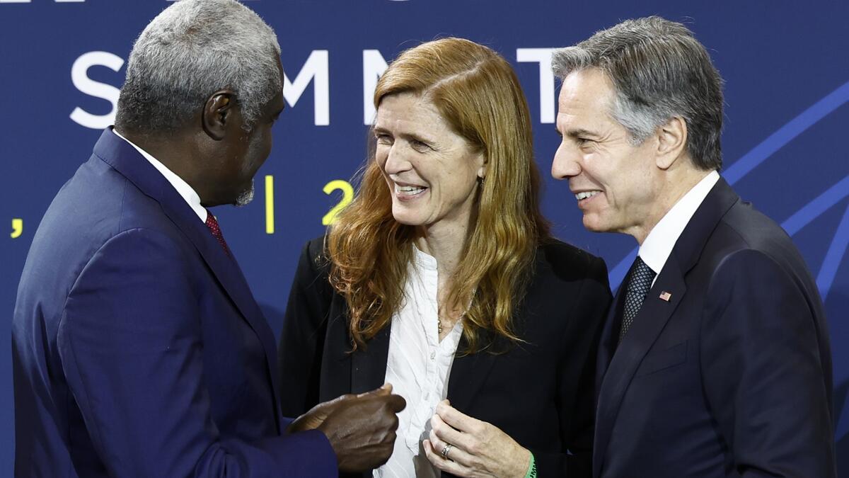 Moussa Faki Mahamat (L), Samantha Power (C)  and Blinken (R)