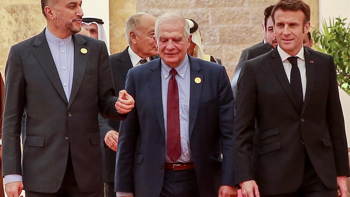 Amir-Abdollahian (L), Borrell, Macron