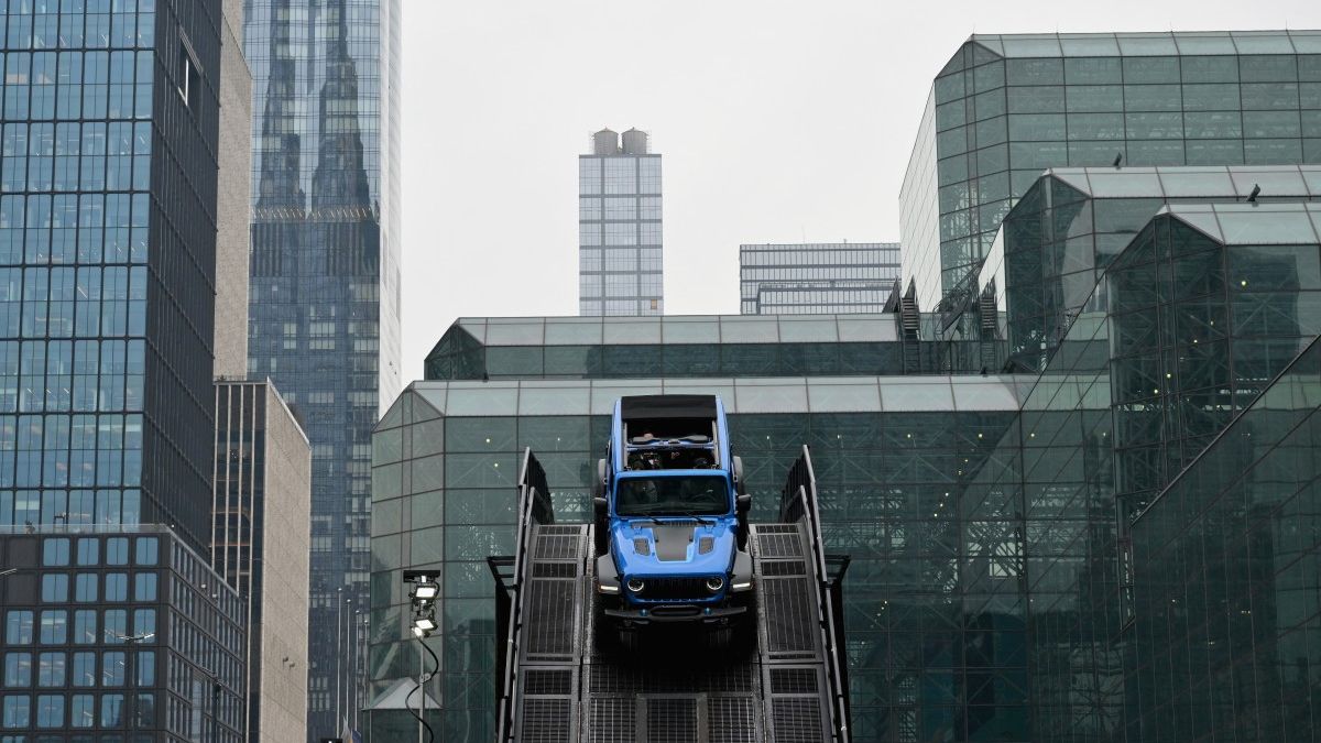 A Jeep Wrangler Rubicon drives on an outdoor track during a press preview at the New York International Auto Show at the Jacob Javits Convention Center in New York City on March 27, 2024. (Photo by ANGELA WEISS / AFP)