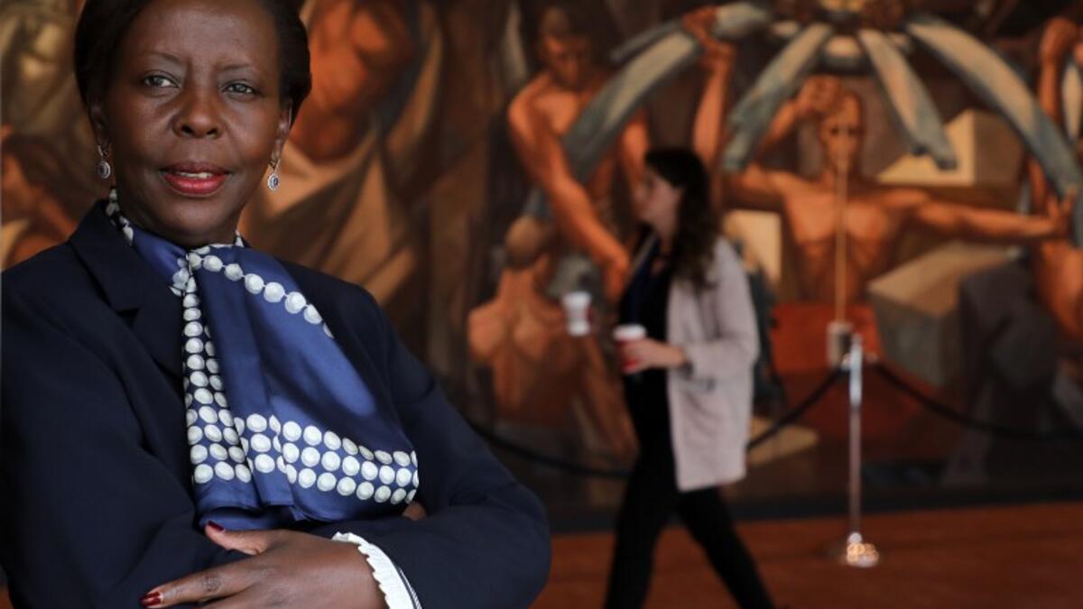 Rwanda Foreign Affairs Minister, Louise Mushikiwabo, who is running for Secretary General of the International Organisation of La Francophonie (OIF), poses for pictures onj the sidelines of the UN General Assembly, September 25, 2018 in New York. 
Ludovic MARIN / AFP