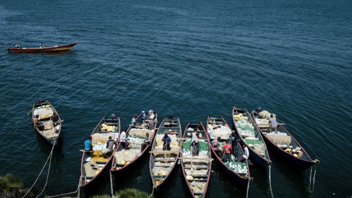 Fishermen prepare their nets aboard their boats on October 5, 2018 on Migingo island which is densely populated by residents fishing mainly for Nile perch in Lake Victoria on the border of Uganda and Kenya.
Yasuyoshi CHIBA / AFP