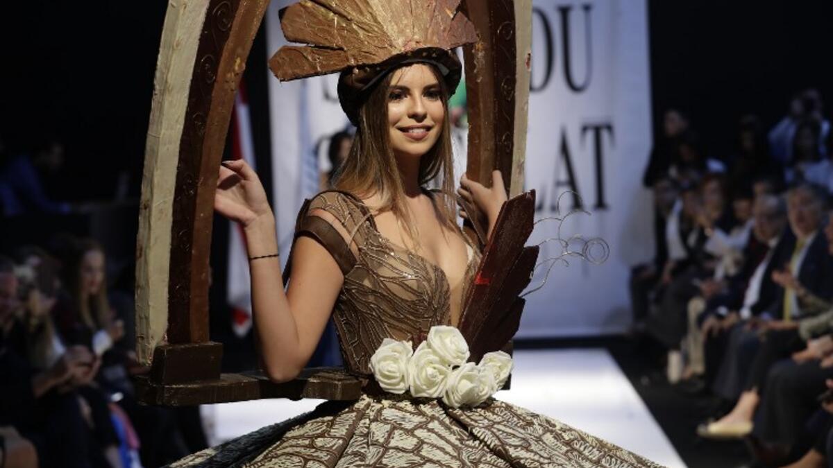 A model displays a chocolate dress at the 2018 chocolate fair fashion show in Beirut on November 8, 2018. 
JOSEPH EID / AFP