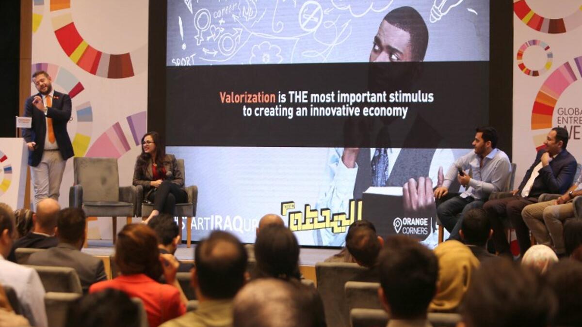 Iraqis attend a meeting at "The Station", Baghdad's incubator for would-be entrepreneurs, in the Iraqi capital on November 17, 2018.
SABAH ARAR / AFP