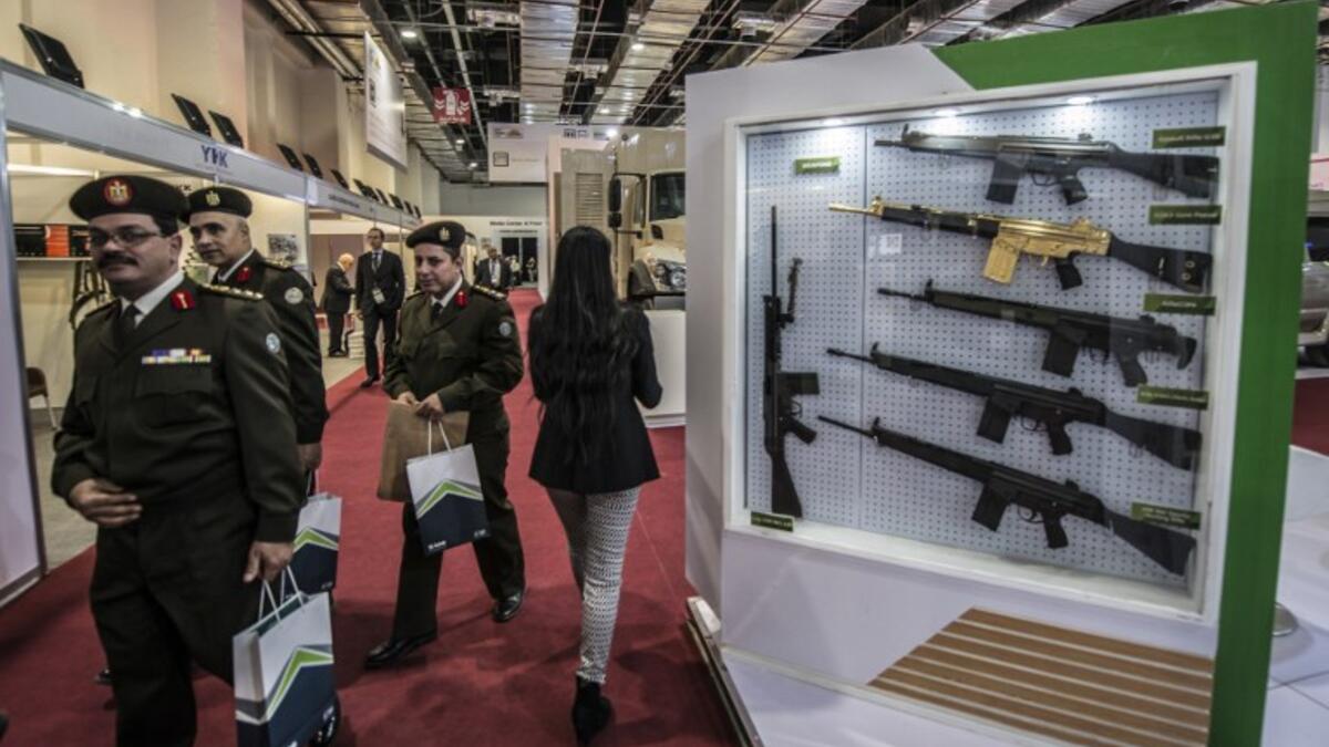 A gold plated weapon displayed at the Pakistani stand during Egypt’s first Service Defence Exhibition in Cairo on December 3, 2018, at the International Exhibition Center. 
Khaled DESOUKI / AFP