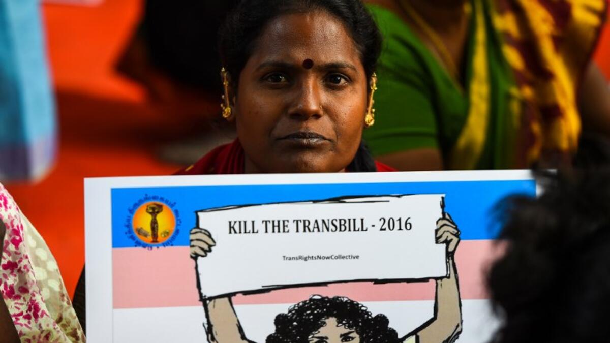 A member of the Indian transgender community protests against the Transgender Persons (Protection of Rights) Bill in New Delhi on December 28, 2018. 
CHANDAN KHANNA / AFP