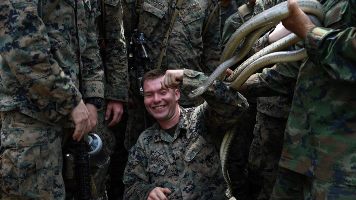 A Thai soldier places snakes to a US Marine during a jungle survival training in the joint 'Cobra Gold' military exercise in Chantaburi province 
Lillian SUWANRUMPHA / AFP