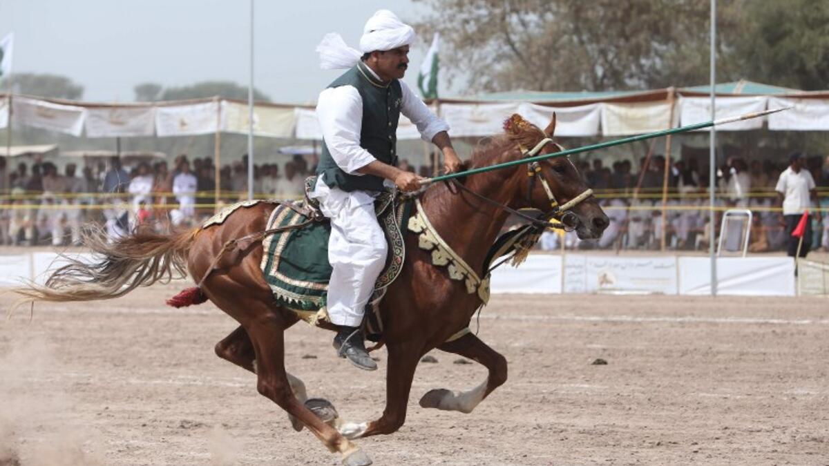 A Pakistani horse rider charges across a course holding a lance to pick up pegs during an attempt for a Guinness World Record for tent pegging in Khanewal district in Punjab province.
SS MIRZA / AFP