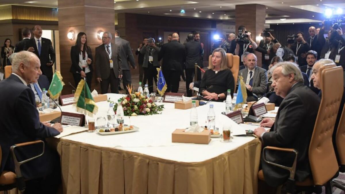 (L to R) Arab League chief Ahmed Aboul Gheit, Chairperson of the African Union (AU) Commission Moussa Faki, High Representative of the European Union for Foreign Affairs and Security Policy Federica Mogherini and UN Secretary-General Antonio Guterres attend a meeting in the Tunisia.
FETHI BELAID / AFP