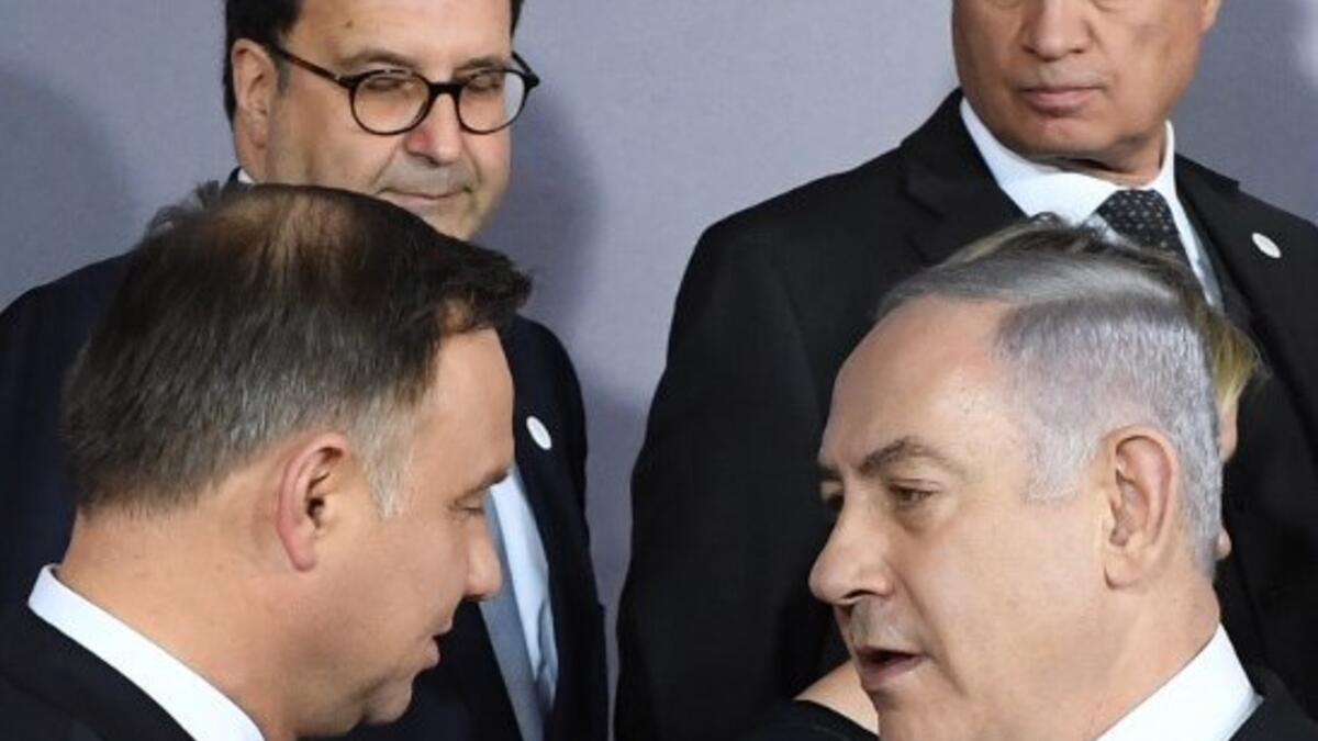 (Bottom) Poland's President Andrzej Duda and Israeli Prime Minister Benjamin Netanyahu are seen during the conference on Peace and Security in the Middle east in Warsaw, on February 13, 2019 
Janek SKARZYNSKI / AFP