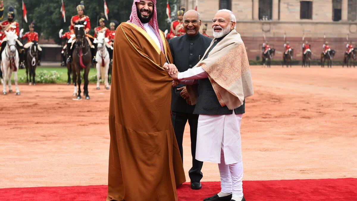 India's President Ram Nath Kovind (C) looks on as Saudi Crown Prince Mohammed bin Salman (L) and India's Prime Minister Narendra Modi shake hands during a ceremonial reception at the presidential palace in New Delhi  (Twitter)
