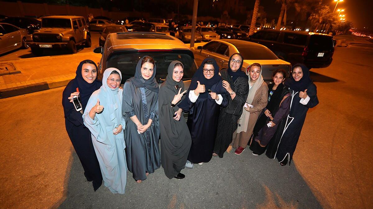 A Saudi woman and her friends celebrate her first time driving (Facebook)