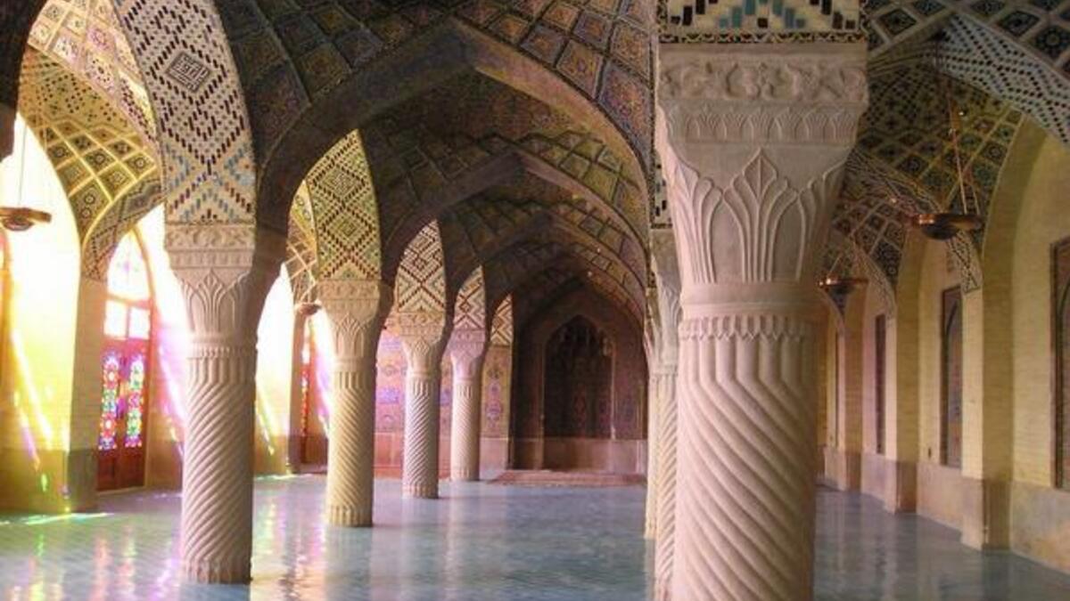 Carved pillars and mosaic vaulting of the Nasirul Mulk Mosque in Shiraz, Iran (Twitter)