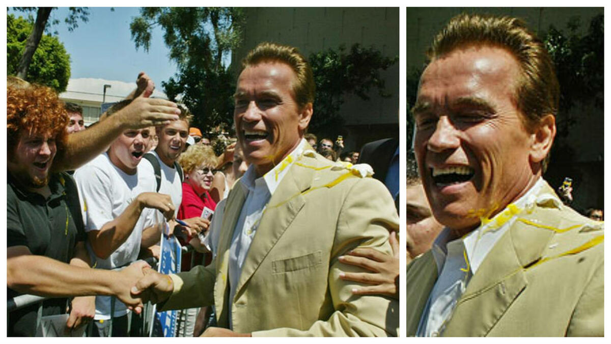 في عام 2003، ألقي أحدهم على "أرنولد شوارزنيجر" بيضة خلال زيارته إلى حرم جامعة كاليفورنيا، وعلق شوارزينجر على هذه الحادثة بالقول: "هذا الرجل يدين لي الآن بقطعة من لحم الخنزير المقدد".