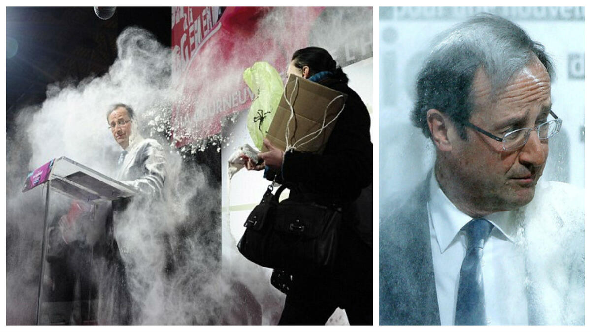 قامت امرأة برش الطحين على الرئيس الفرنسي " فرانسوا هولاند: في 2016 قامت احتجاجًا على منع الحجاب بالجامعات، حيث وصعدت الى المنصة التي يقف عليها وقامت برش الدقيق عليه، وعلى الفور تم إلقاء القبض عليها من قبل الحرس الشخصي للرئيس الفرنسي.