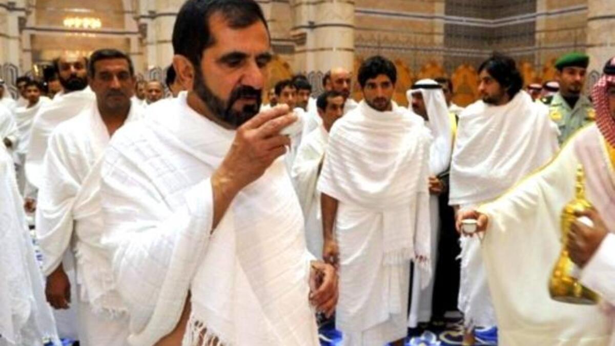 Saudi-meets UAE: Dubai's ruler and UAE Vice President Sheikh Mohammed bin Rashed al-Maktoum, wearing white robes, is offered traditional sour coffee in the Red Sea port city of Jeddah, before he reaches his destination at the holy city of Mecca where he will perform Umrah just before Eid.