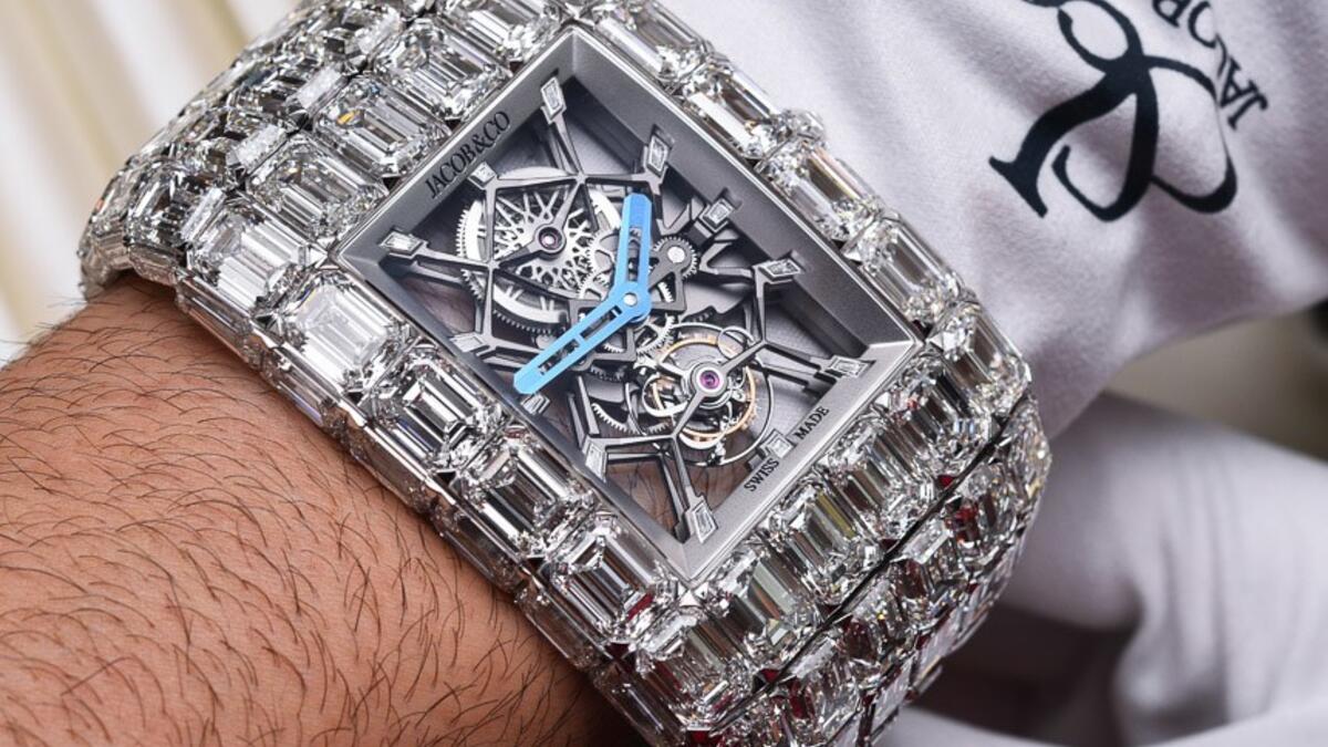 Jacob & Co. Billionaire Watch  at $18 million: The Billionaire Watch has 260 carats of emerald-cut diamonds, 167 individual components, and 19 jewels. The bracelet and watch face are one seamless construction made in 18K white gold. (ablogtowatch.com)