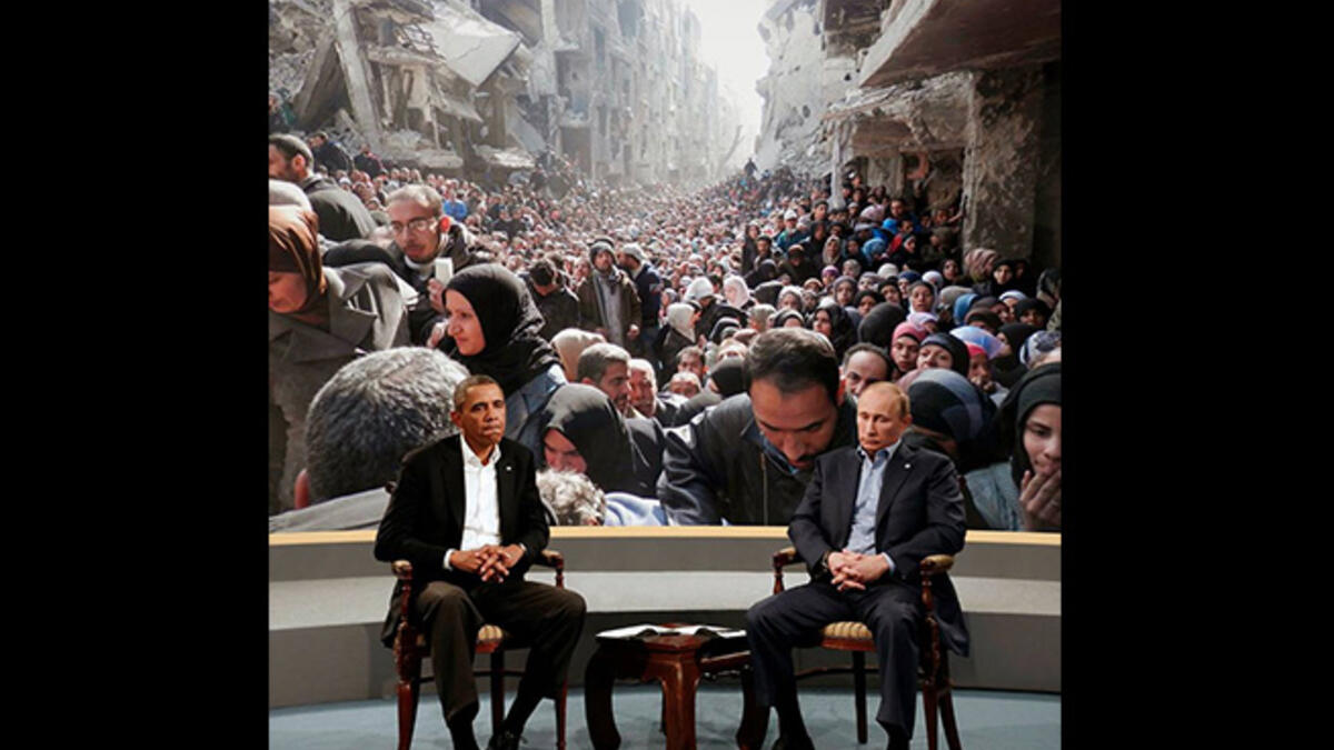 The artist has expanded his lens beyond the Arab world, in this instance lampooning the impotent reaction by presidents Barack Obama and Vladimir Putin to the taking of Palestinian refugee camp Yarmouk by ISIS forces in Syria. They were purportedly distracted by the escalating conflict in the Ukraine.