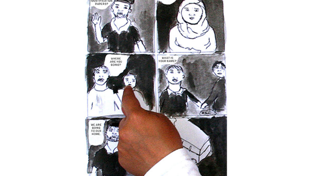 Bradbury later translated the original story texts and reversed the panel arrangements so that the final artworks could be read by English readers. This one tells of one family's harassment before heading for the Jordanian border.