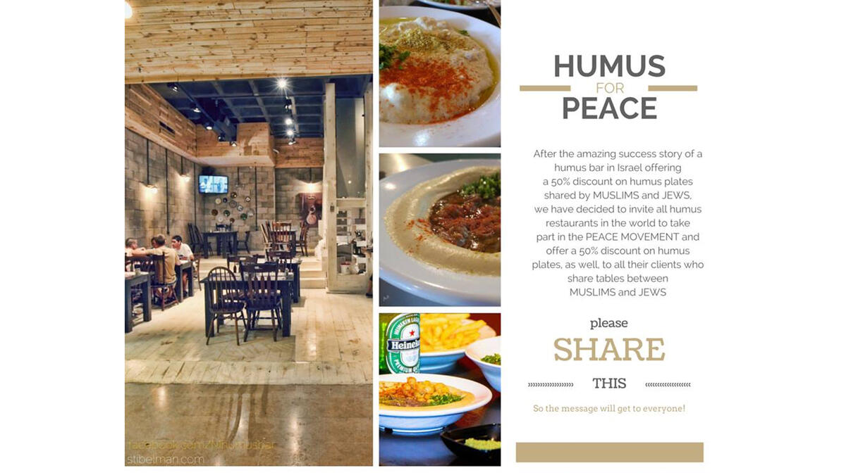 Tel Aviv, Israel: Kobi Tzafrir owns the Humus Bar in a Kfar Vitkin mall. During October's escalation in Israeli-Palestinian violence, he offered 50% off the bill to Jews and Arabs who ate together. He cooked up the promotion as a way to wipe away some of the gloom of Israeli-Palestinian animosity. The deal made global headlines.