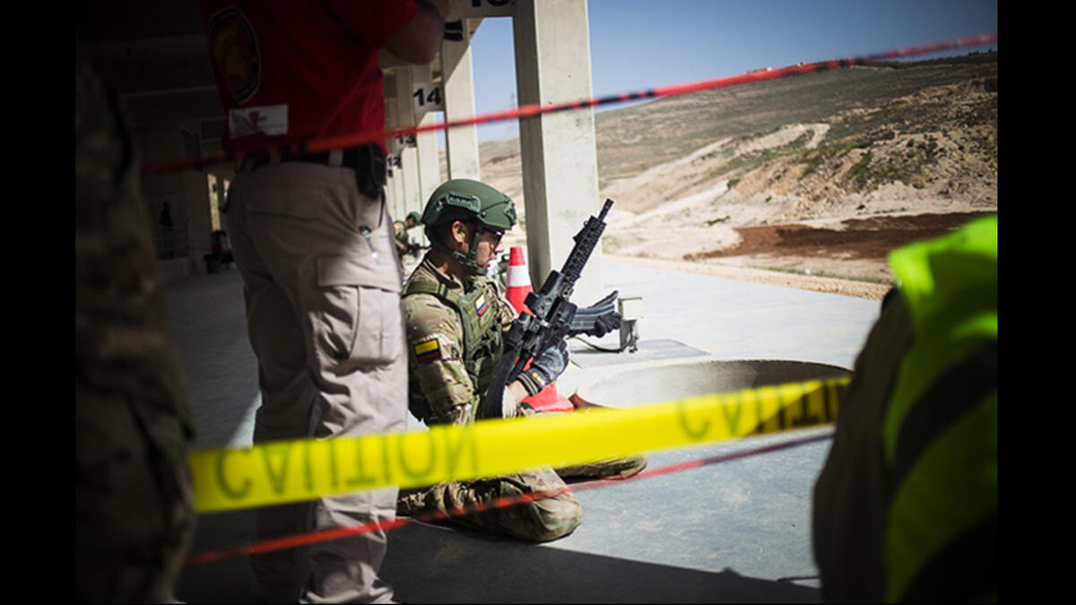The Colombia team participates in the “desert stress shoot” event in the Warrior Competition near Amman, Jordan, on April 21, 2015. The military competition is not just limited to the Middle East, but also brought teams from North and Central America and Asia.