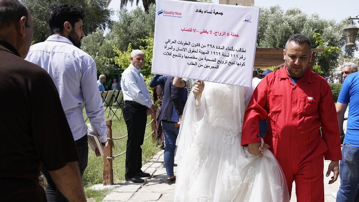 Baghdad "Gift of a Rapist" protest was mainly to condemn the Iraqi Law 'Article 398', and to show that it is against women’s rights.
Baghdad's Woman Association