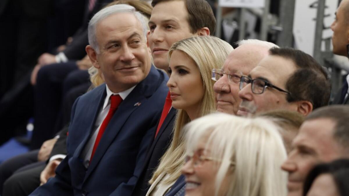 Israel's PM Benjamin Netanyahu (L), Senior White House Advisor Jared Kushner (C-R), US President's daughter Ivanka Trump (3rd R), US Treasury Secretary Steve Mnuchin (R) and Israel's President Reuven Rivlin (2nd R) attend the opening of the US embassy in Jerusalem. MENAHEM KAHANA / AFP