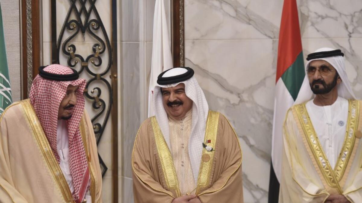 (From Left) Saudi Arabia's King Salman bin Abdulaziz, Bahrain's King Hamad Al-Khalifa and Vice President and Prime Minister of the United Arab Emirates Sheikh Mohammed bin Rashid Al Maktoum pose for a picture at the Diriya Palace in the Saudi capital Riyadh during the Gulf Cooperation Council (GCC) summit on December 9, 2018. Fayez Nureldine / AFP
