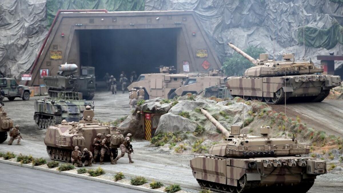 Members of the UAE Armed forces perform a military drill during the opening of the International Defence Exhibition and Conference at the Abu Dhabi National Exhibition Centre on February 17, 2019. 
AFP