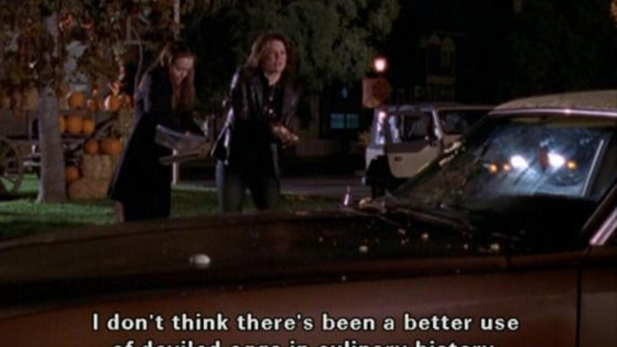 When Rory vents her frustrations at her tormented romance with Jess by throwing "deviled eggs" at his car, Lorelai joins forces with her - proving that she isn’t just Rory’s best friend, but the coolest partner in crime a daughter could ever wish for!