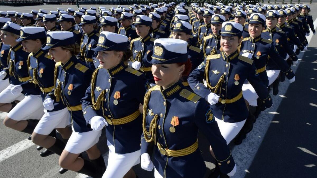 Russian servicewomen march at Dvortsovaya Square during the Victory Day military parade in Saint Petersburg on May 9, 2018. Russia marks the 73rd anniversary of the Soviet Union's victory over Nazi Germany in World War Two.
OLGA MALTSEVA / AFP