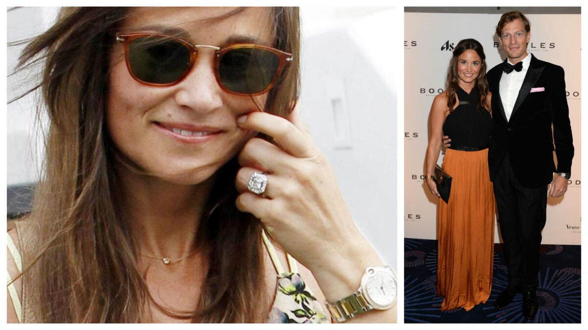 بيبا ميدلتون: قدم الملياردير "جيمس ماثيوز" لها خاتمًا بقصّة هندسية مربعة الشكل مصنوعًا من البلاتين وفيه مربعان متداخلان، الأكبر مرصّع بماسات دائرية صغيرة والثاني الأصغر يظهر بماسة بيضاء تزن حوالي 3 قيراط يبلغ ثمنه حوالي 352 ألف دولار أمريكي.