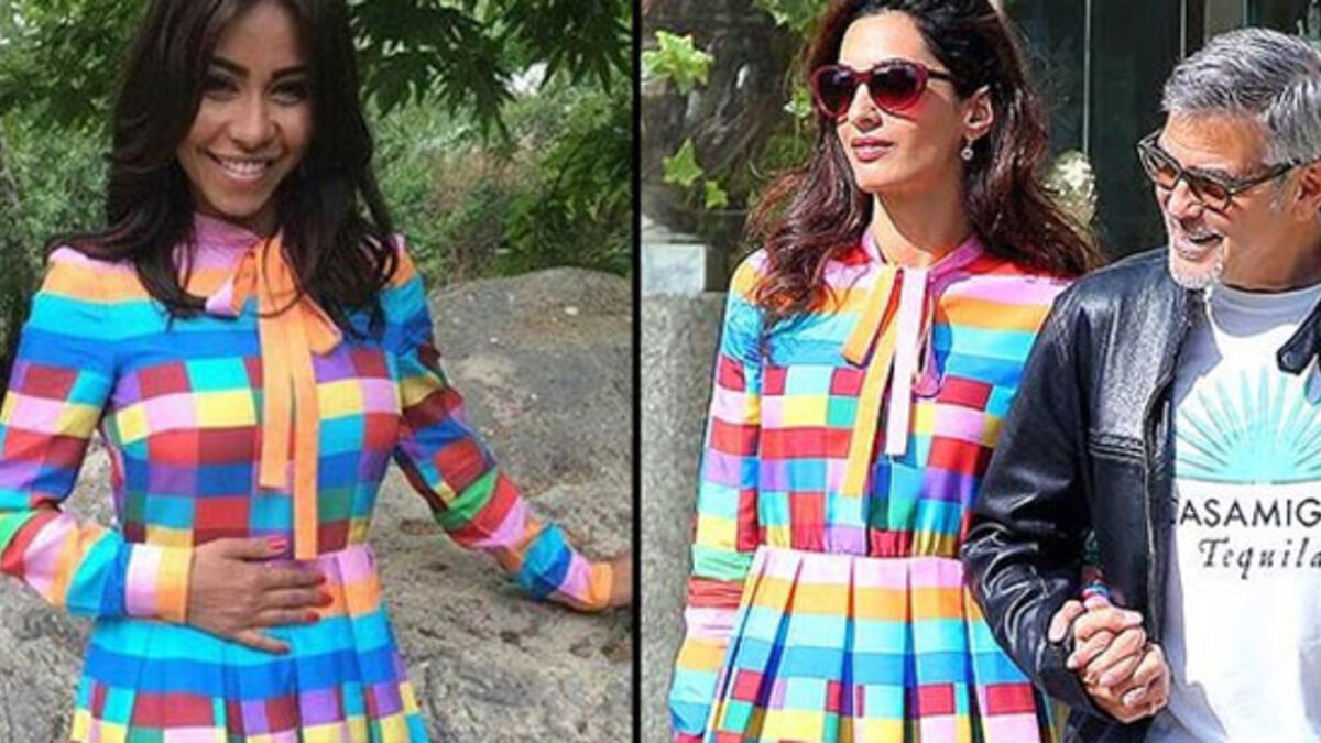 أطلت المحامية الحقوقية أمل علم الدين، برفقة زوجها الفنان العالمي جورج كلوني، بفستان من تصميم “فلانتينو”، وهو المعروف بقوس قزح، والذي سبقتها الفنانة المصرية شيرين عبدالوهاب بارتدائه بعام كامل في مسلسل “طريقي”.