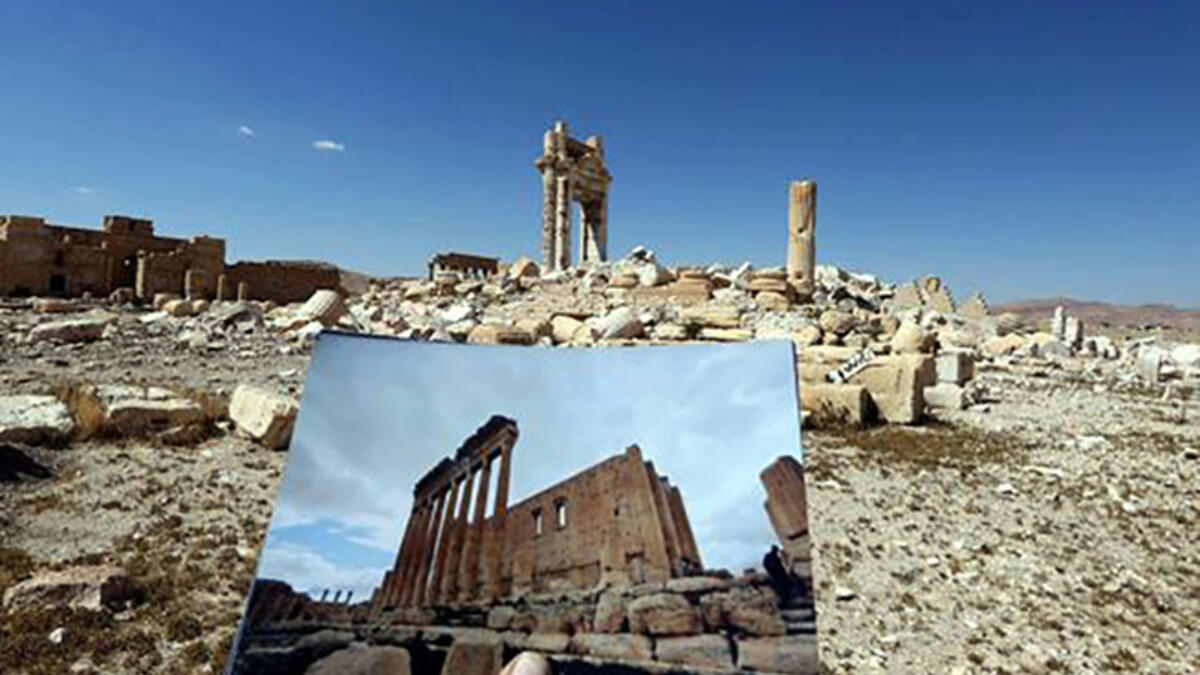 Before and after: A pre-war snapshot shows the devastation to the ancient city of Palmyra after being recaptured from Daesh by Syrian troops.