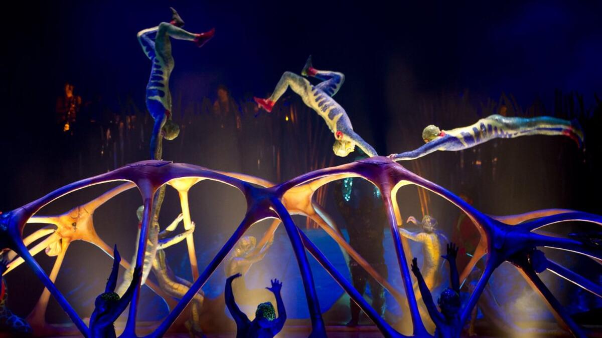 Canadian circus troop Le Cirque du Soleil performs a show as a part of celebrations of the 88th Saudi National Day. (Twitter)