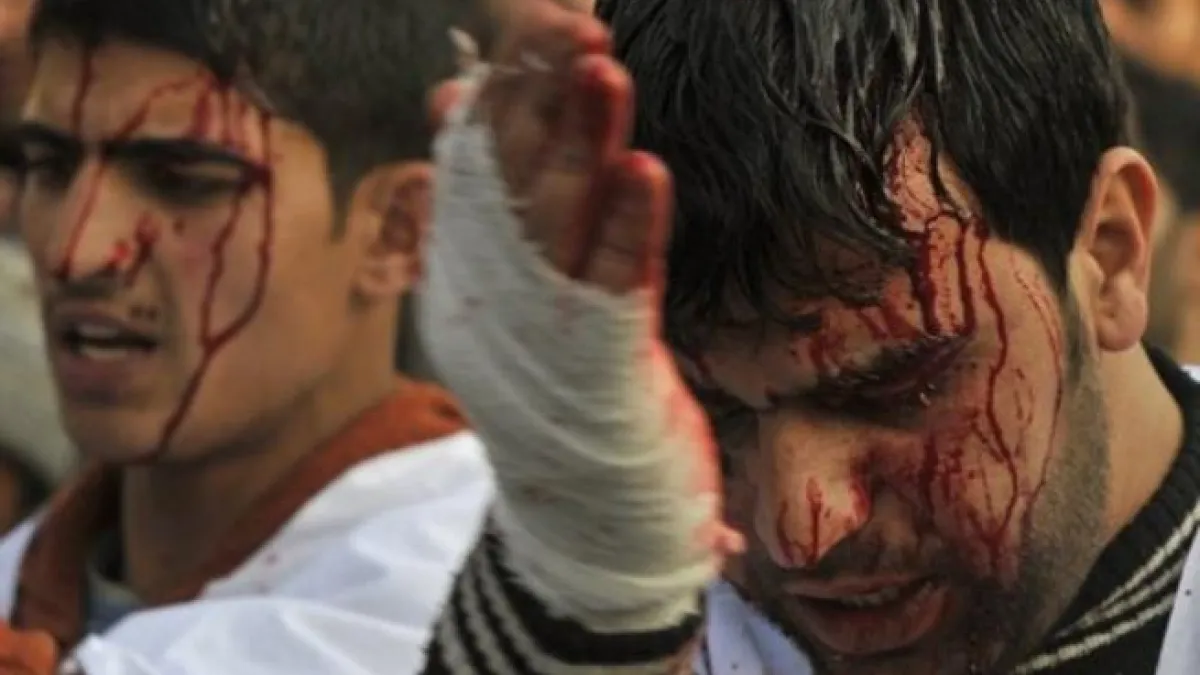 Ashura's rituals: Shia men & women dressed in black parade the streets slapping their chests & 
chanting. Things can get ugly, even violent, with all the raised testosterone around (even if mostly directed at oneself).
Still, today, blood-spilling or self-injury is frowned upon and has been toned down, or kept to the minimum symbolic gestures.