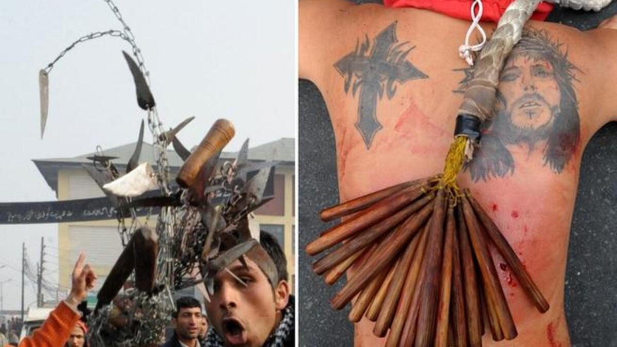 Some Shia men emulate the suffering of Hussein by flagellating themselves with chains or cutting their foreheads with
their palms until blood streams. This can turn quite extreme & frenzied as can get competitive 
& riled up. Not so dissimilar to some devoted Christians at Easter, who self-inflict physical suffering in remembrance of Jesus.