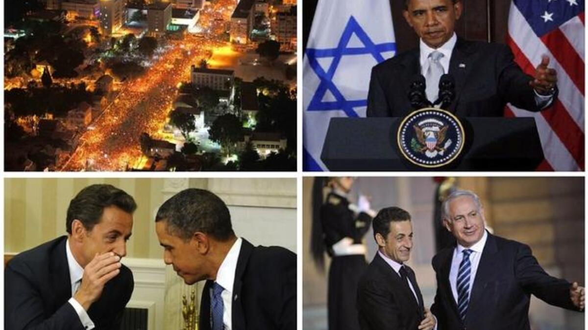 Israel ends the year in protest, as ultra Orthodox Jews call for gender segregation. Earlier, their mass protests were secular, with camps calling for cheaper housing & living. The year found Netanyahu a touch beleaguered after a mutual snubbing with ally Obama at Congress, and Obama later exposed with Sarkozy making 'mean' comments about BiBi.