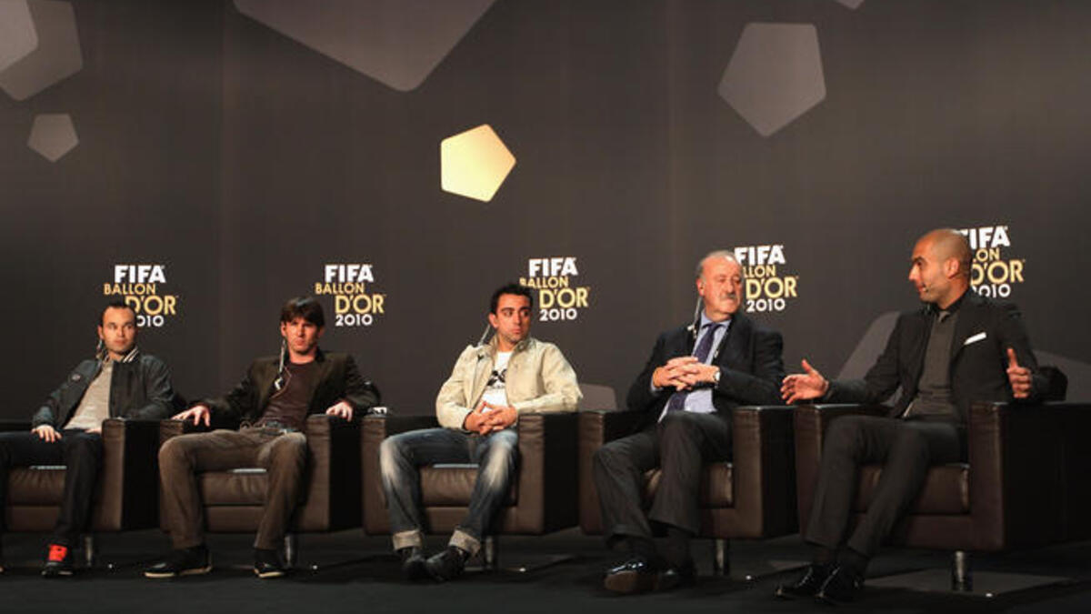 L to R: Andres Iniesta of Spain, Lionel Messi of Argentina, Xavi of Spain, Vicente Del Bosque coach of Spain and Pep Guardiola coach of Barcelona.