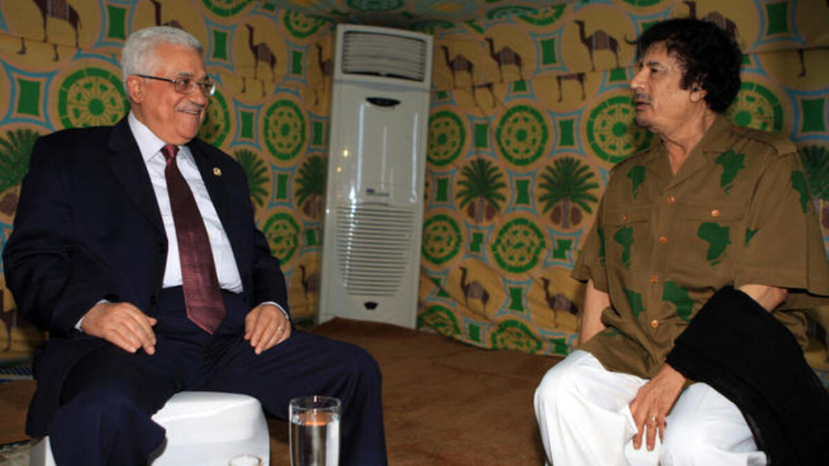 Mahmoud Abbas meets with Gaddafi (R) inside Gaddafi's personal tent in Sharm el-Sheikh, Egypt.  He has been associated with Pan Arabism, Pan Islamism and African Union.
