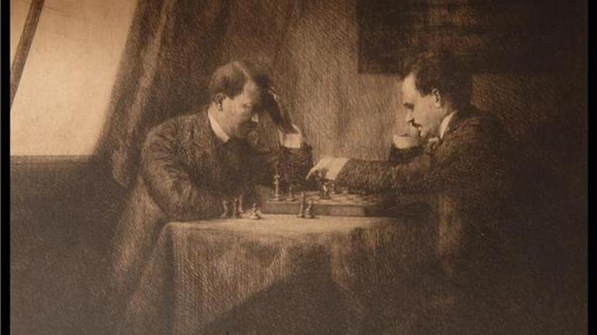 Incongruous: this endangered leader keeping his brain active, is not an isolated image of tyrants' leisurely activity: A painted depiction of a 100 year-old chess
game between Adolf HItler and Vladimir Lenin, signed by the 2 dictators. Even though their real-life
moves aren't always the smartest..