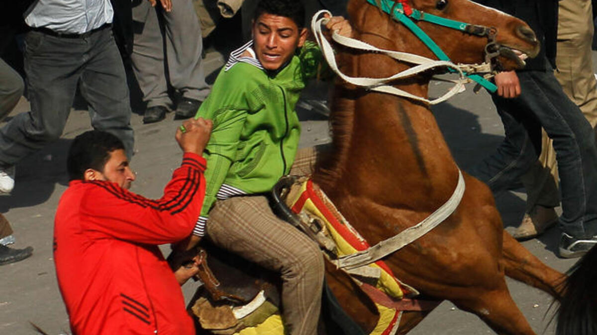 An opponent of embattled Egyptian president Hosni Mubarak (L) attacks a horse-riding pro-Mubarak supporter, pulling him off his horse during a clash between pro- and anti-Mubarak protesters.
