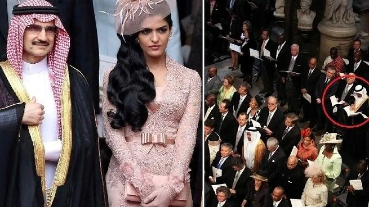 كان الأمير السعودي الوليد بن طلال وعقيلته من ضمن الحاضرين و في الصورة أحد المدعوين الخليجين وهو يمسك بكتاب الترانيم في الكنيسة (يمين).