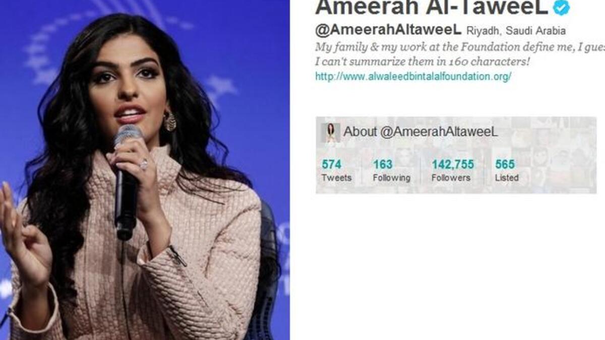 @AmeerahAltaweeL: Prince Waleed Bin Talal of KSA's Wife, Ameerah El-Taweel: She is the head of her husband's Foundation which she promotes in English & Arabic and 'tweeted' in her husband's defense as an employer of Saudis. She posted a pic. of Sheikha Mozah commending her elegance & leadership. She quirkily posted a photo of her new born horse.