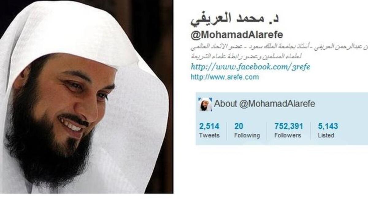 @MohamadAlarefe: Famous Tweeting Cleric; He once opined that girls should not be in the same room as their fathers. He recently tweeted on misbehaving Saudis studying abroad: citing that of 35 students, 20 were drunk & the remaining 15 were high on marijuana - sparking a debate on drug-testing returnee students. He tweets against Bashar Al Assad.